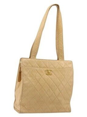 CHANEL Matelasse Shoulder Bag Lamb Skin Beige Gold CC Auth bs23120
